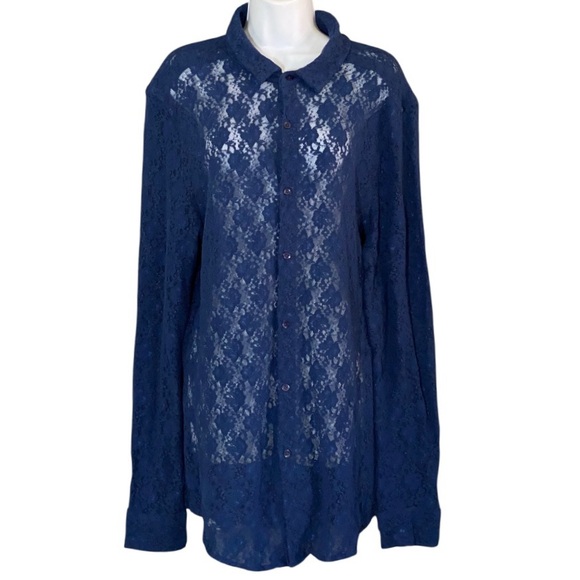 ASOS Other - ASOS Men’s XL Navy Blue Slim Fit Sheer Lace Button Front Dress Shirt Edgy Goth